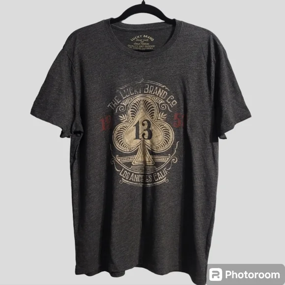 Lucky Brand T-Shirt Tee Men's Large Charcoal Gray Short Sleeve Spades Casual - Picture 1 of 10